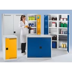 Umweltschrank mit Türlochung, HxBxT 900 x 1000 x 500 mm, 2 Wannenböden, lichtgrau / signalgelb.