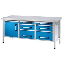 Werkbank, Gestellbauweise, Breite 2000 mm, 6 Schubladen, 1 Türe, Buche massiv.