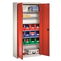 Materialschrank aus Stahlblech, mit 12 Sichtlagerkästen, lichtgrau RAL 7035 / verkehrsrot RAL 3020.
