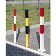 Sperrpfosten aus Stahlrohr, zum Einbetonieren, 70 x 70 mm, gelb / schwarz, verzinkt und lackiert.