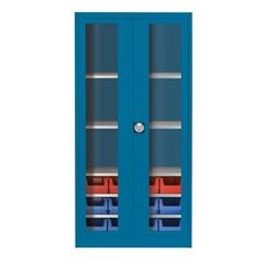 Sichtfenster-Flügeltürenschrank, mit 12 Sichtlagerkästen, brillantblau.