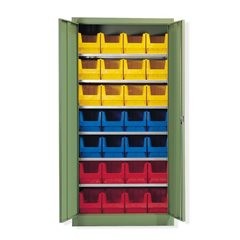 Magazinschrank, einfarbig, mit 28 Sichtlagerkästen, 6 Fachböden, grün.