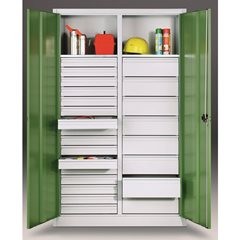 Materialschrank aus Stahlblech, 2 Fachböden, 24 Schubladen, HxBxT 1950 x 1200 x 500 mm, lichtgrau.