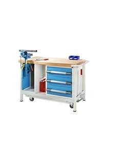 Fahr- und absenkbare Werkbank, Gestellbauweise Serie 8000, 3 Schubladen, Klapplift-Schraubstock, BxT