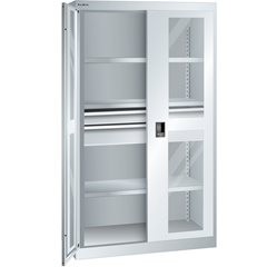 Schwerlastschrank, 3 Fachböden, 2 Schubladen mit Sichtfenstertüren, lichtgrau.