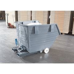 Kippbehälter aus Polyethylen, mit Einfahrtaschen und Rollen, Volumen 0,3 m³, grau.