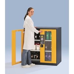 Labor-Chemikalienschrank, 2-türig, halbhoch, 2 Fachböden, mit Sichtfenster, grau.