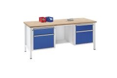Werkbank, Gestellbauweise Serie V, Schubladen 2 x 180 mm, 2 x 360 mm, ½ Ablageboden, Stahlblechbelag