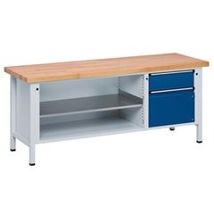 Werkbank, Gestellbauweise Serie V, 1 Schublade 180 mm, 1 Schublade 360 mm, Stahlblechbelag, Volllaus