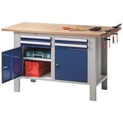 Werkbank, Baukastensystem, Plattenbreite 1500 mm, 2 Schubladen, Multiplexplatte.