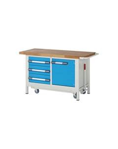 Fahr- und absenkbare Werkbank, Gestellbauweise Serie 8000, 3 Schubladen, 1 Tür, BxT 1250 x 700 mm.
