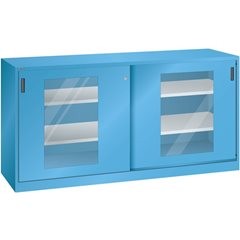 Schiebetürenschrank mit Sichtfenstertüren, 4 Fachböden, lichtgrau.