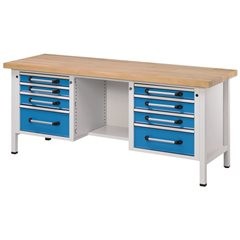 Werkbank, Gestellbauweise, Breite 2000 mm, 8 Schubladen, Buche massiv.