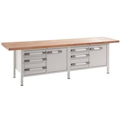 Höhenverstellbare Werkbank, Gestellbauweise, Breite 3000 mm, 6 Schubladen, 2 Türen, grau.