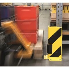 Regal-Anfahrschutz mit Leitrollen, L-Profil, schwarz / gelb.