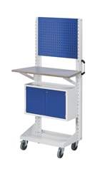 Werkzeug- und Materialwagen, mit Lochplatte, Arbeitsplatte, Schrank, blau.