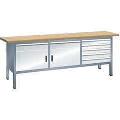 Werkbank, Gestellbauweise, Breite 2000 mm, 7 Schubladen, 2 Türen, Korpus lichtgrau, Front lichtgrau.