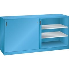 Schiebetürenschrank mit Vollblechtüren, 4 Fachböden, lichtgrau.