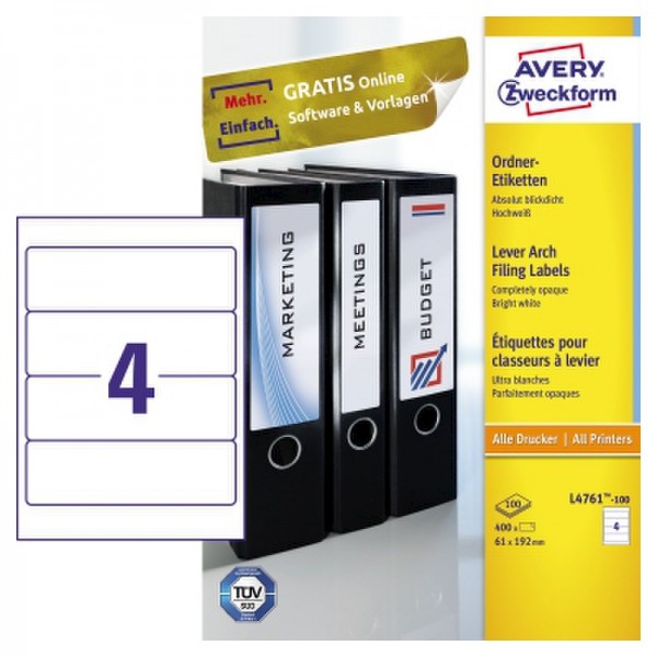 Avery Zweckform Ordneretikett L4761-100 61x192mm ws 400 St./Pack.