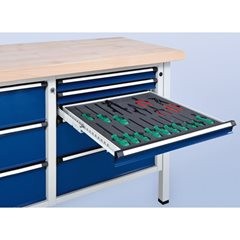 Werkbank, Gestellbauweise Serie V, 1 Tür 540 mm, 6 Schubladen, Höhe 890 mm, Universalplatte.