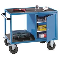 Montagewagen, Tragfähigkeit 500 kg, 1 Schrank rechts, Arbeitsfläche aus Riefengummimatte, lichtblau
