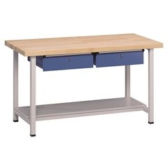 Werkbank, Gestellbauweise Serie V, 2 Schubladen, 1 Ablageboden, Breite 1500 mm, Buchemassivplatte, H