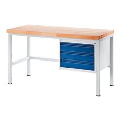 Werkbank, Gestellbauweise, 3 Schubladen Größe L, Tiefe 900 mm, Breite 1500 mm.