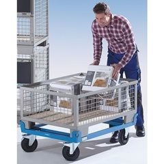 Gitterbox, niedrige Bauform, 1 Längswand voll abklappbar, ab 5 Stück.