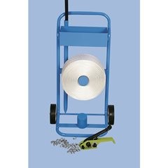 Umreifungs-Set, PET-Kraftband verleimt, Spanngerät, fahrbarer Abroller, Band, Metallklemmen, Bandbre