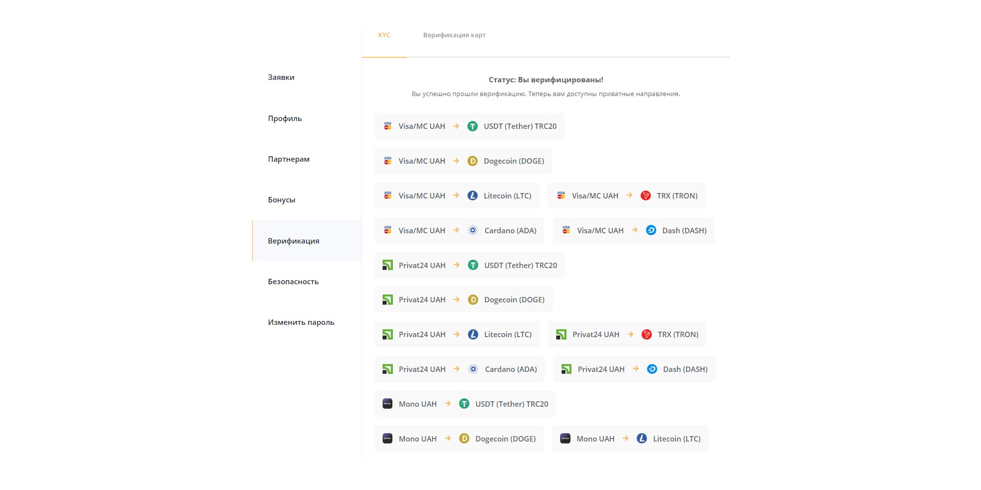 раздел KYC после успешного прохождения верификации