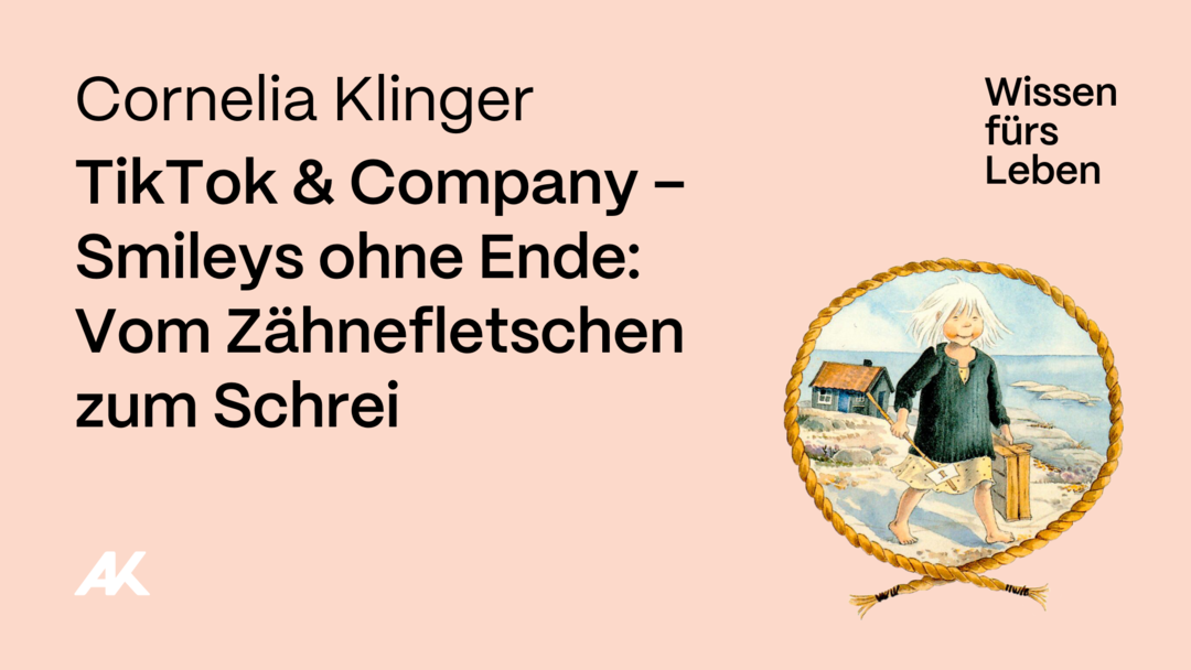 Illustriertes Portrait von Cornelia Klinger. Titel des Vortrags: TikTok & Company - Smiley ohne Ende: Vom Zähnefletschen zum Schrei