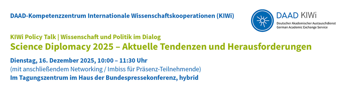 Header - KIWi Policy Talk | „Science Diplomacy 2025 – Aktuelle Tendenzen und Herausforderungen“