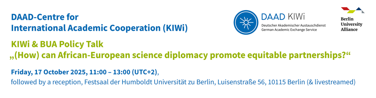 Header - KIWi & BUA Policy Talk: (How) can African-European science diplomacy promote equitable partnerships?