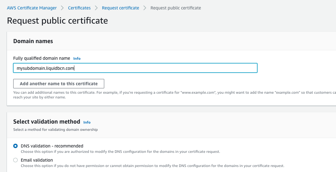 Request public certificate on AWS