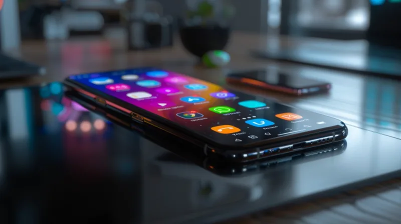 Smartphone empresarial amb icones apps colorides sobre escriptori oficina