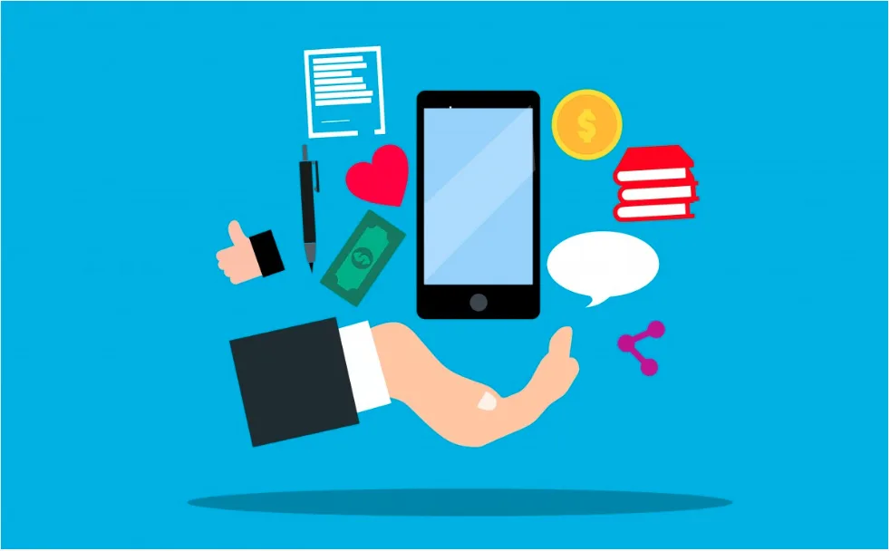 Il·lustració factors cost desenvolupament app mòbil amb telèfon i icones diners