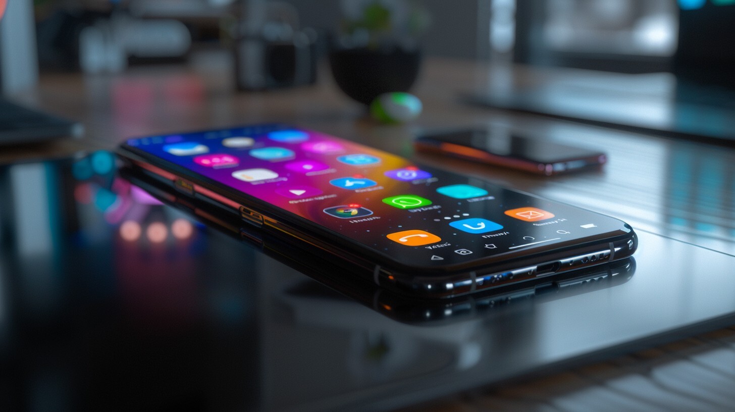 Business smartphone with colorful app icons on office workspace desk