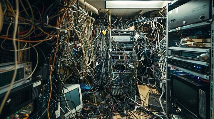 Code debugging troubleshooting process chaos illustration cable tangle metaphor