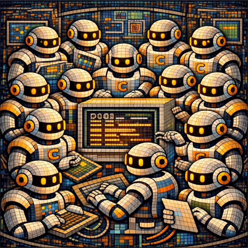 Illustration of multiple AI assistants surrounding laptop with code