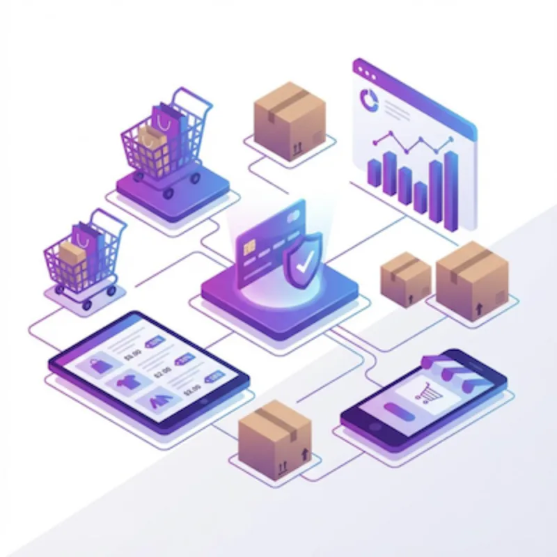 Isometric illustration of a connected online store: carts, secure card payment, parcels, tablet and phone storefronts and sales charts