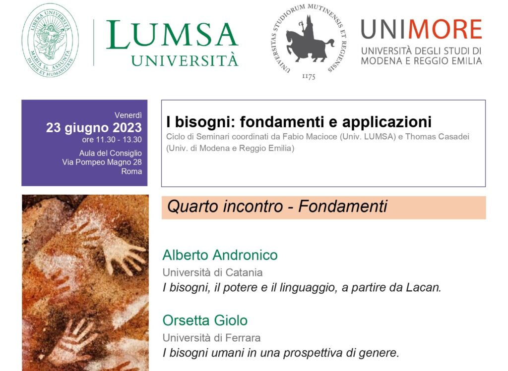 Quarto incontro &ldquo;Fondamenti&rdquo;, nell&rsquo;ambito del ciclo di seminari &ldquo;I bisogni: fondamenti e applicazioni&rdquo;
