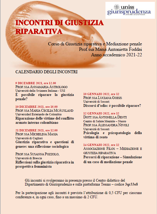 Corso di Giustizia riparativa e Mediazione penale (prof.ssa Maria Antonietta Foddai)