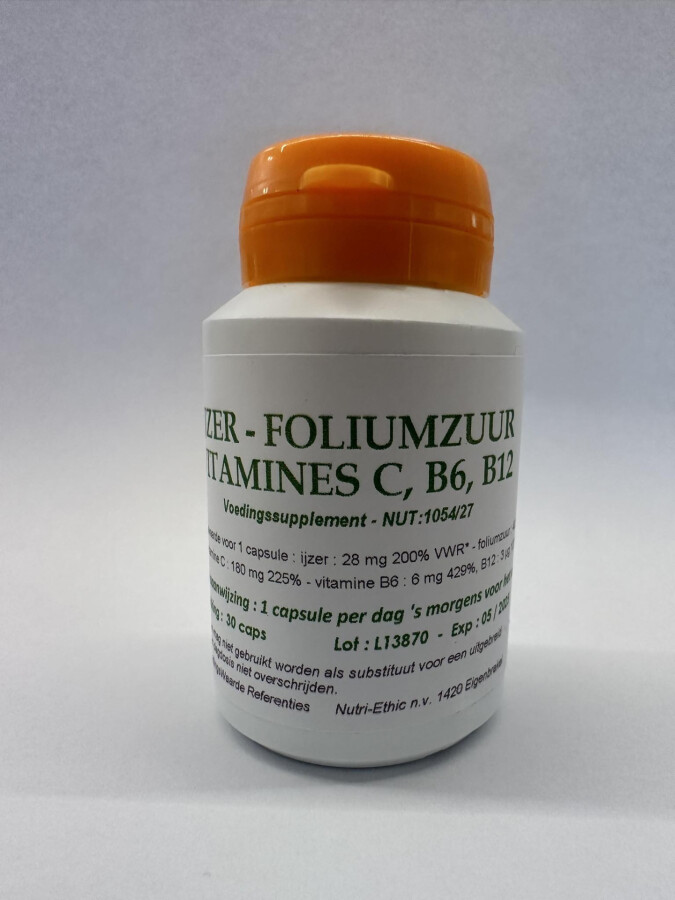 Ijzer, Foliumzuur, vitamines C, B6 en B12, 30 capsules Ijzer, Foliumzuur, vitamines C, B6 en B12, 30 capsules
