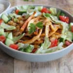 Portie koolhydraatarme kapsalon met pastinaak friet, shoarma, kaas, komkommer, sla en knoflooksaus.