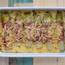 Witlofschotel met ham en gesmolten kaas.