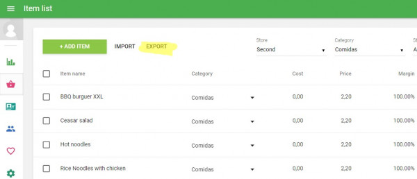 "Export" button to download item list data base at Loyverse back office