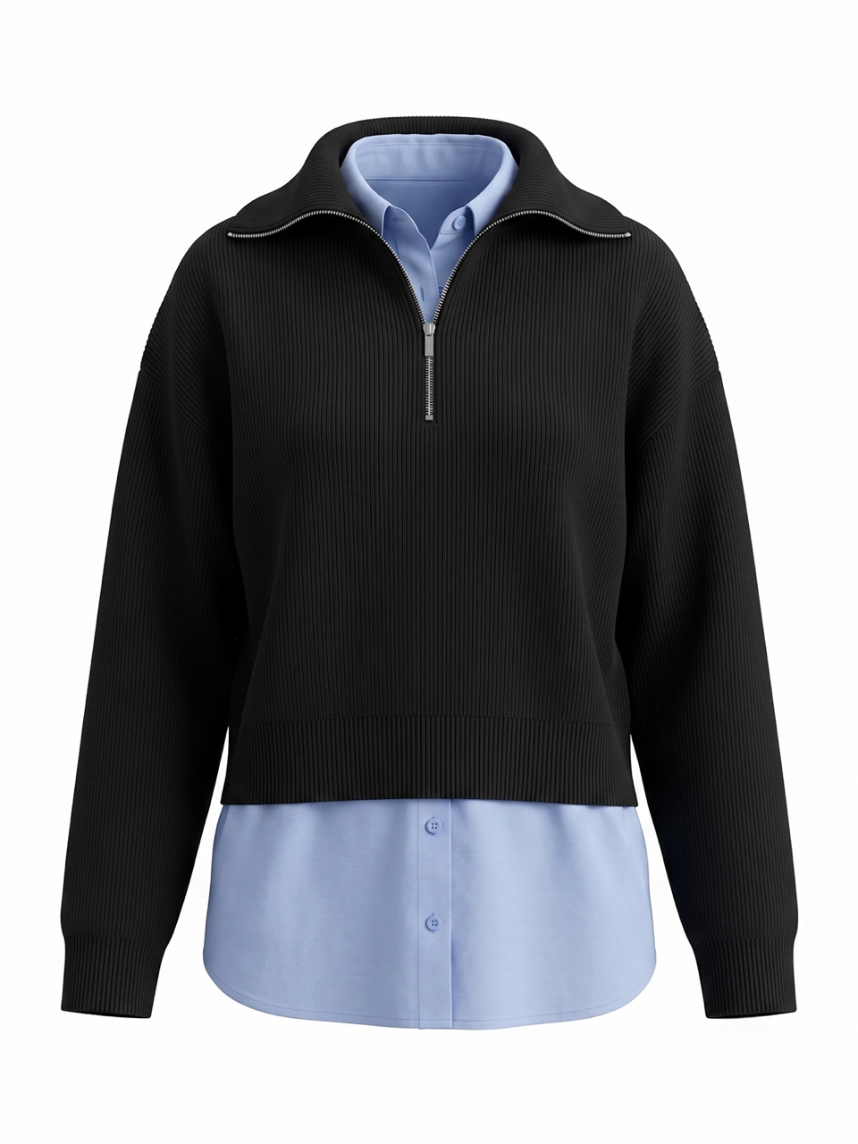 Mango Damen Marineblau 2-In-1-Pullover Mit Viertelreißverschluss Und Hemd In Blau - Bild 3