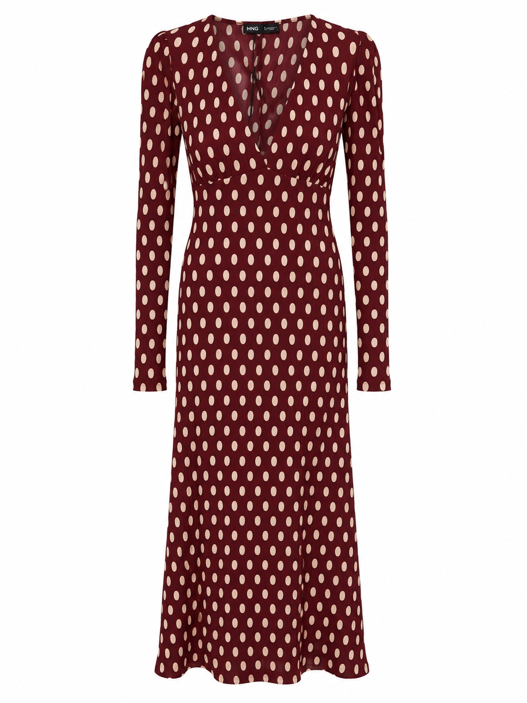 Mango Damen Lila Plissee-Midikleid Mit V-Ausschnitt Und Langen Ärmeln In Bordeauxfarbenem Punktmuster - Bild 3