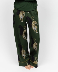 Olive Damen-Pyjamahose mit weitem Bein und Leopardenmuster