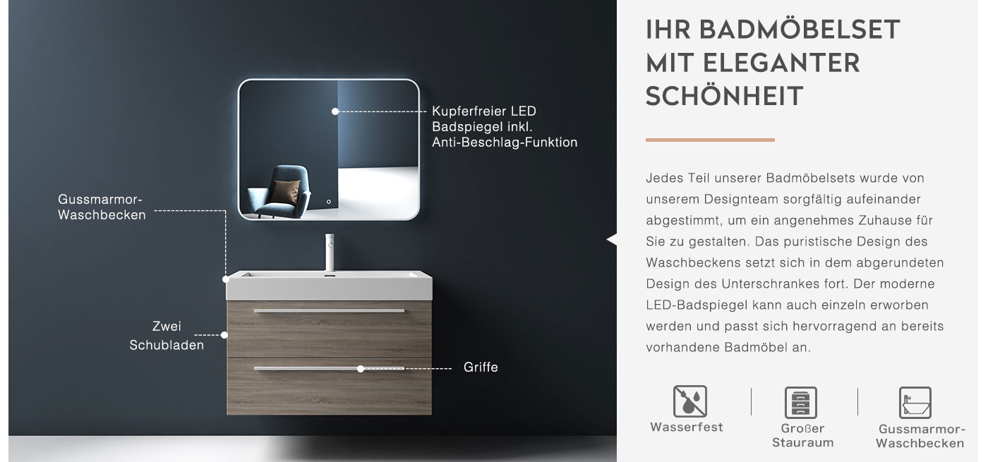 Badmöbel Set Badezimmermöbel Waschtisch Waschbecken Unterschrank LED
